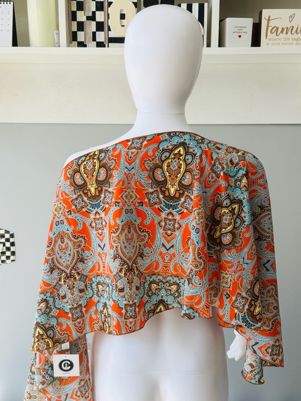 C3 Vibrant Orange & Turquoise Paisley Silk Multi-Style Poncho Top Blouse-1 Size - Picture 8 of 11